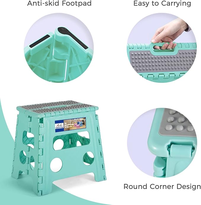ACKO Folding Step Stool 13 Inch Stool Heavy Duty Plastic Foldable Step Stools for Kids, Stepping Stool with Handle, Folding Stool Suitable for Kitchen Hold Up to 300 LB (Teal 1PC)