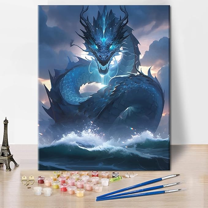 Rebotipy Water Dragon Paint by Numbers Kit for Adults, Fantasy Dragon with Glowing Eyes DIY Adult Paint by Numbers, Blue Fantasy Dragon Paint by Numbers Kit for Adults Beginner 16x20 Inch Frameless