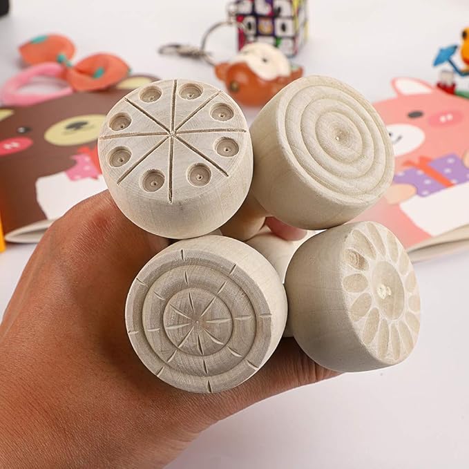 OwnMy Wooden Clay Stamp Set, Wood Playdough Handle Stamps, Wooden Handle Pottery Tools, Set of 4 Clay Modeling Pattern Kit