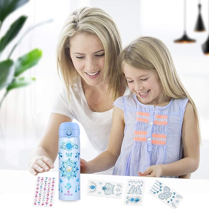 Pakoo Gifts for Girls, Decorate Your Water Bottle with Tons of Rhinestone Glitter Gem Stickers - DIY Craft Kit for Girls Age 5 6 7 8 9 10 11 12 - 17 OZ BPA Free Stainless Steel Insulated Kids Mugs