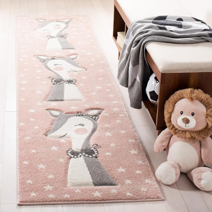 SAFAVIEH Carousel Kids Collection Runner Rug - 2' x 8', Pink & Ivory, Doe Design, Non-Shedding & Easy Care, Ideal for High Traffic Areas for Boys & Girls in Playroom, Nursery, Bedroom (CRK191P)