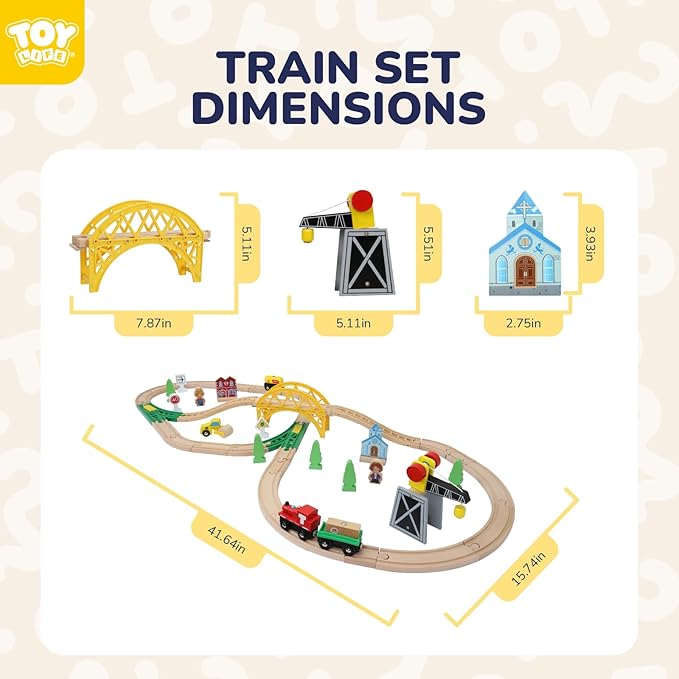 TOY Life Train Set 60pcs Wooden Train Set with Crane, Wooden Train Tracks Toy Train Set for Toddlers 3 4 5, Wooden Toys Toddler Train Set Gift for Kids 4-8, Fits Thomas Brio Melisa Train Track Set