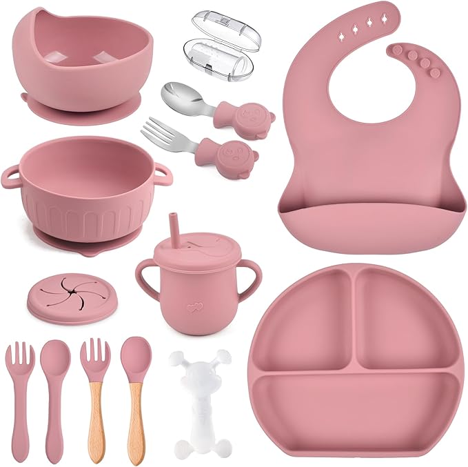 Silicone Baby Feeding Set 15 Pcs，Baby Spoons Suction Bowl Divided Plate Bib Cup Finger Brush Teething Teether，Baby Led Weaning Supplies,Baby & Toddler Silicone Plates and Bowls Dining Set（pink）
