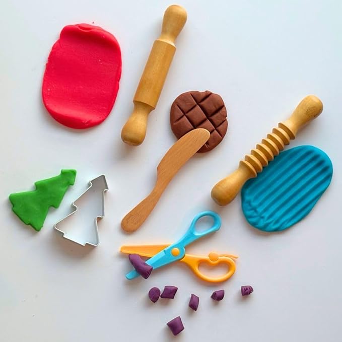 Dough Tools | Set of 5 Sculpting Tool to Roll, Cut, Flatten | Wooden Rollers & Knife | Child-Safe Scissor | Pretend Play Kitchen Tool | Clay Mould Tool for Kids Ages 2-7 | Art & Craft