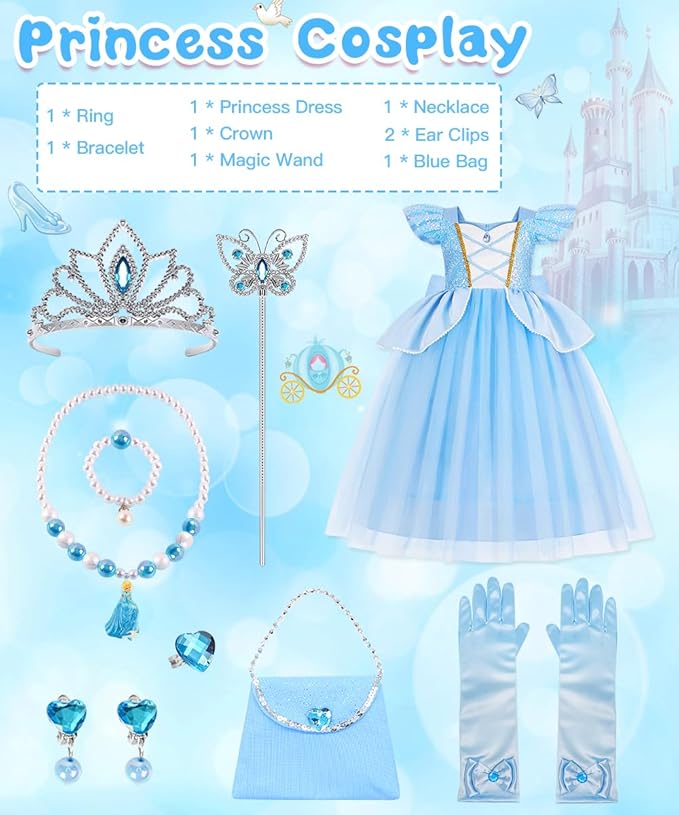 Princess Dress Up Clothes for Little Girls, Belle Costume Dress with Accessories for Birthday Party Cosplay Halloween