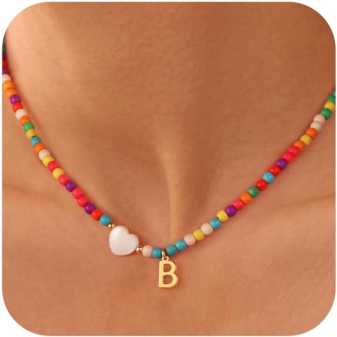 Ursteel Colorful Initial Cute Necklaces for Girls - Trendy Beaded Choker Necklace for Women Teen Girl, Handmade Letter Necklace Gifts for Women Girls Jewelry