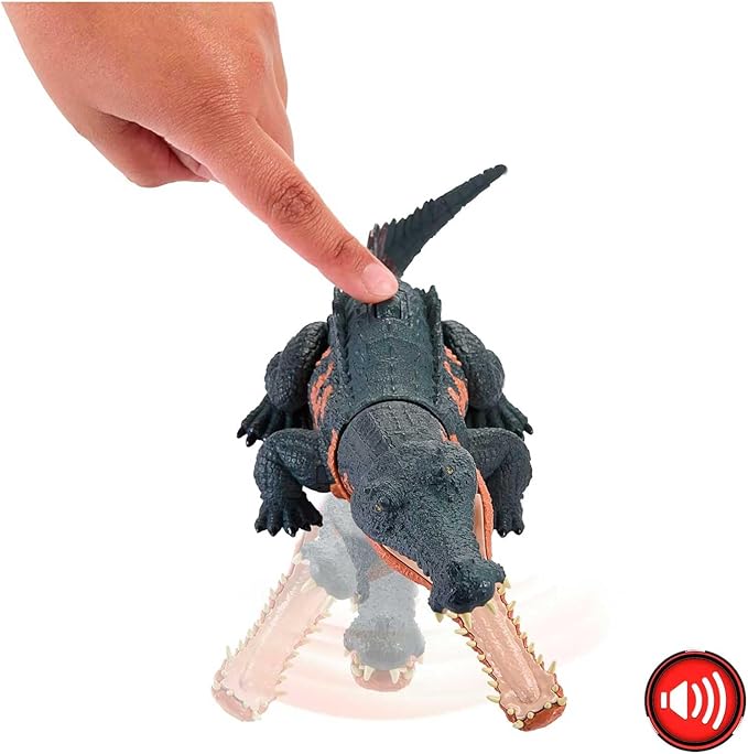 Mattel Jurassic World Wild Roar Dinosaur Toy with Sound & Attack Move, Gryposuchus Posable Action Figure Includes Digital Play, 11 inches Long