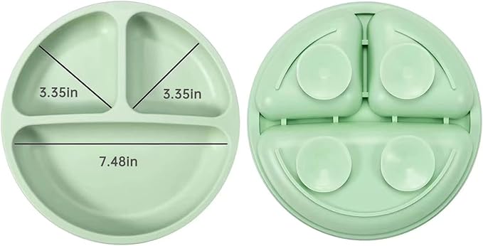 PandaEar Silicone Baby Feeding Set| 2 Pack Silicone Divided Suction Plate and 2 Pack Tiny Cup with 2 Spoons 2 Forks| Baby Led Weaning Supplies Self Feeding Eating Utensils (Blue/Green)