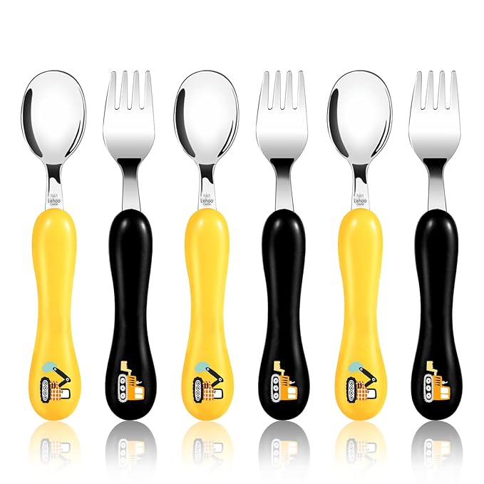 Lehoo Castle Toddler Fork and Spoon, 6pcs Toddler Utensils Kids Silverware, Safe Stainless Steel Toddler Fork Spoon Set, Children Flatware Set, Incudes 3 Spoons and 3 Forks (Engineering Vehicle)