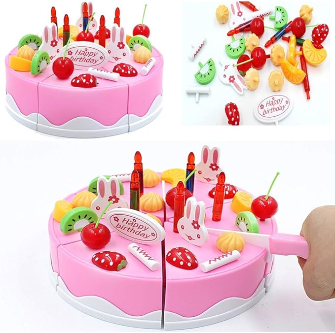 38 PCS DIY Cutting Birthday Party Cake Toy Pretend Play Kitchen Food Toys Set,DIY Fruit Cutting Kitchen Toys Pink/Blue Cut Cake Toys for Girls Boys Gift (38PCS Blue)