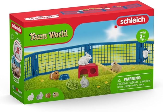 Schleich Farm World, Animal Toys for Kids, Rabbit and Guinea Pig Toy Set with Hutch 14-Piece Set, Ages 3+