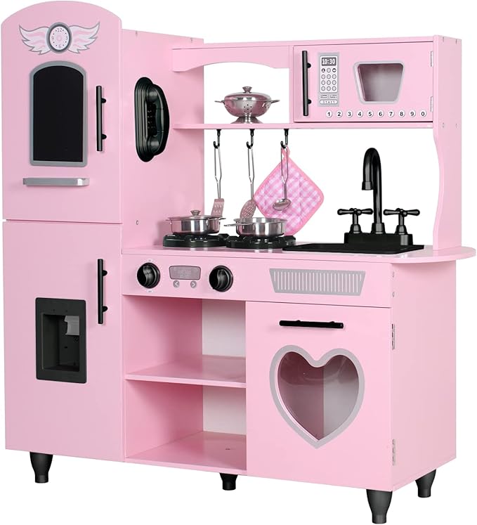 TaoHFE Play Kitchen, Pink Kids Kitchen Set for Girls Kitchen Set for Kids Ages 6-8 Gift Toddler Kitchen Set for Kids Age 3+ Kids Kitchen Playset with Lights & Sounds Wooden Toy Kitchen Playset Gift