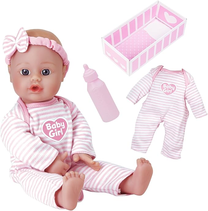 Adora Amazon Exclusive Soft & Cuddly Sweet Baby Girl, 11” Adorable Baby Doll with Bright Blue Eyes and Blonde Painted Hair, Includes Headband and Pink Stripe Birthday Gift For Ages 1 and Up
