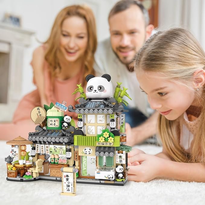 City Tea House Building Blocks Set, Openable Panda Construction Tea Shop Building Toys for Boys Girls Age 8+, 860pcs Mini Bricks (Not Compatible with Lego)