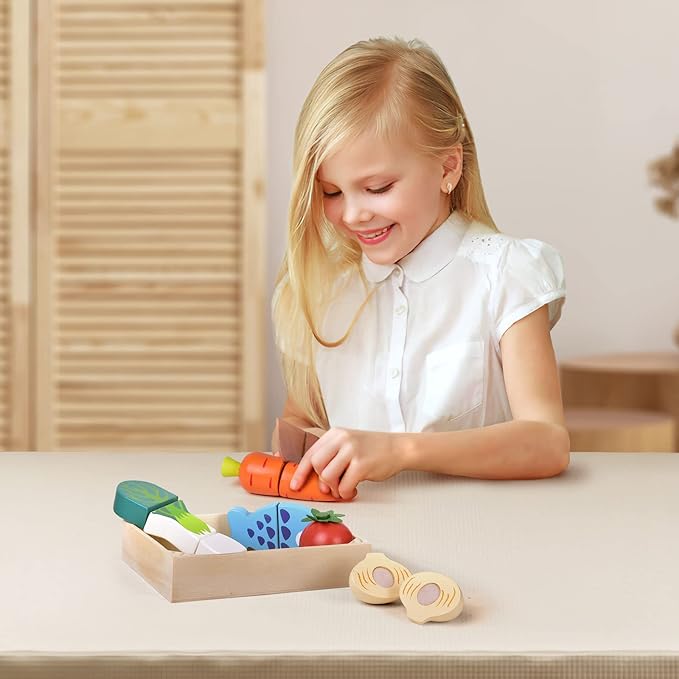 FUN LITTLE TOYS 12 Pcs Wooden Pretend Cutting Play Food Set for Kids Aged 3+, Early Education Toy for Toddlers, Veggie Slicers Playset, Toys Food and Vegetables with Storage Case