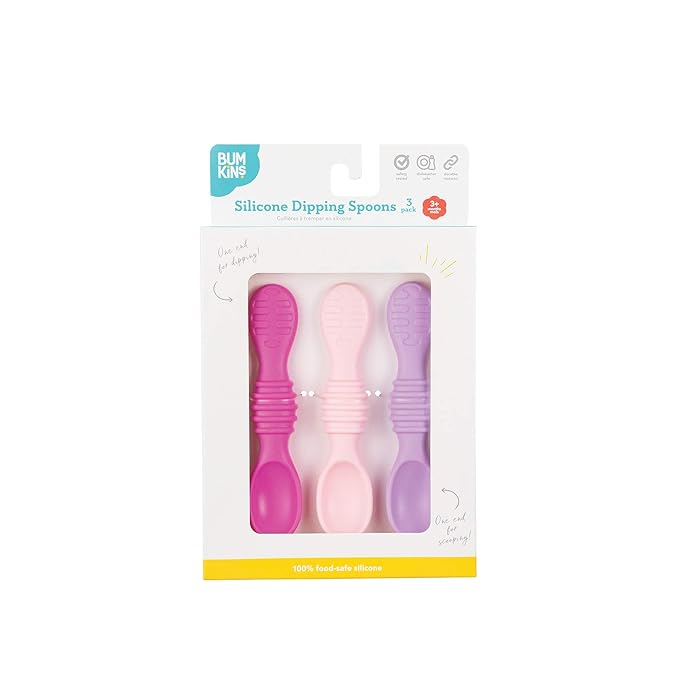 Bumkins Baby Utensil Set, Silicone Trainer Spoons for Dipping, Soft Tip, Self-Feeding, Chew, Baby Led Weaning, First Year Training Supplies, Essentials Learning Eating, 4 Mos, 3-pk Pink and Lavender