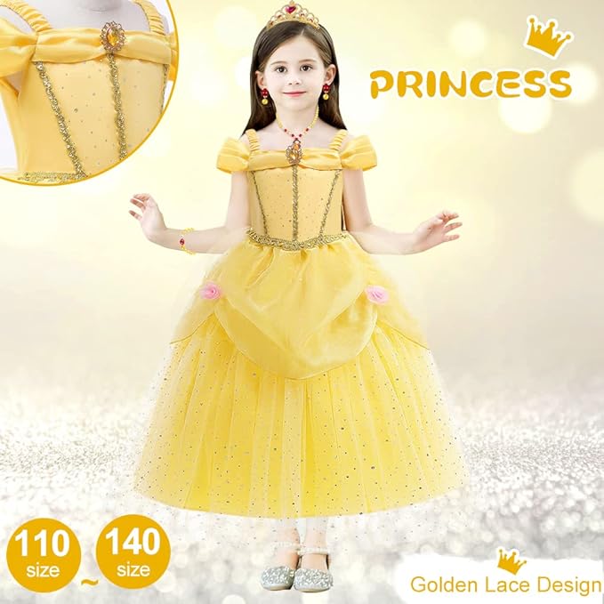 Princess Dress Up Clothes for Little Girls, Belle Costume Dress with Accessories for Birthday Party Cosplay Halloween