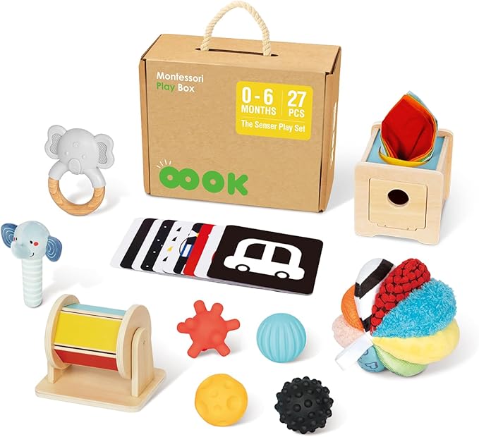 Montessori Toys for Babies 0-6 Months, 7 in 1 Newborn Baby Toys with Spinning Drum, Colorful Fabric Ball, Tissue Box Toy, Sensory Balls, Contrast Cards and More, Great Educational Toy for Baby