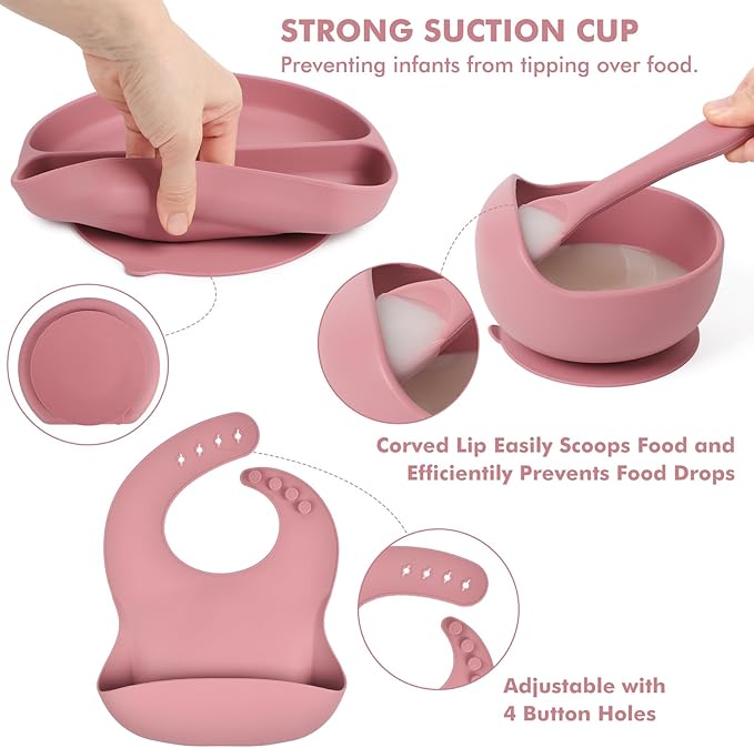 Silicone Baby Feeding Set 15 Pcs，Baby Spoons Suction Bowl Divided Plate Bib Cup Finger Brush Teething Teether，Baby Led Weaning Supplies,Baby & Toddler Silicone Plates and Bowls Dining Set（pink）