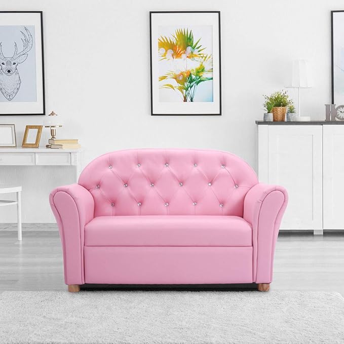 Costzon Kids Couch, 2 in 1 Princess Double Seat Children's Sofa w/PU Leather Surface, Toddler Armrest Chair for Bedroom, Kids Room, Mini Sofa for Kids Loveseat Baby Girls Birthday