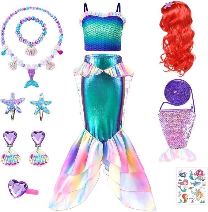 Mermaid Costume Dress, Mermaid Princess Dress for Girls with Wig Headband Necklace for Birthday Party Cosplay