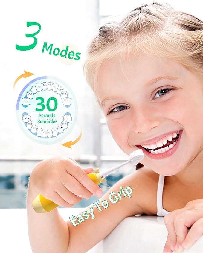 NELL&WELL Kids Electric Toothbrush, 2-Min Timer, 3 Modes with Memory, IPX 7 Waterproof, Battery Powered Kids Toothbrush with 3 Soft Bristles Heads for Children Boys and Girls Ages 3+