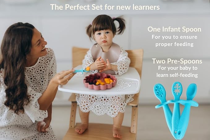 Growing Love Baby Spoons Set, Self Feeding 6 months, Pre-Spoon, Baby utensils, training spoon, cuchara bebe, blw, 100% silicone