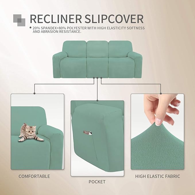 Easy-Going 8 Pieces Microfiber Stretch Sectional Recliner Sofa Slipcover Soft Fitted Fleece 3 Seats Couch Cover Washable Furniture Protector with Elasticity for Kids Pet(Recliner Sofa, Cyan)