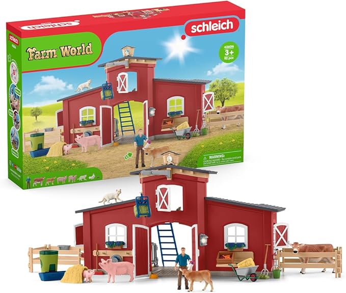 Schleich Farm World Animal Farm Playset with Figurine and Accessories - 92pc Kids Animal Farm Playset with Cow, Horse, Pig, Bull, and Accessories for Boys and Girls, Gift for Kids Age 3+, Red
