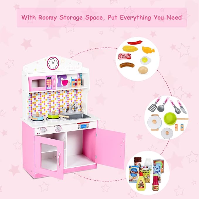 Costzon Kids Kitchen Playset, Wooden Pretend Chef Cooking Toy Kitchen with Realistic Sound, Microwave, Sink, Cookware Accessories, Pink Play Kitchen for Toddlers, Girls, Gift for Ages 3+