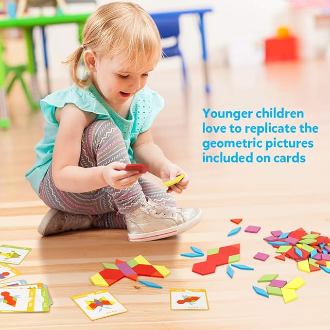 Coogam Wooden Pattern Blocks Set 130PCS Geometric Color Shape Manipulative Puzzle – Graphical Montessori Tangram Early Learning Educational Toys Brain Teasers STEM Gift for Kids with 24 Design Cards