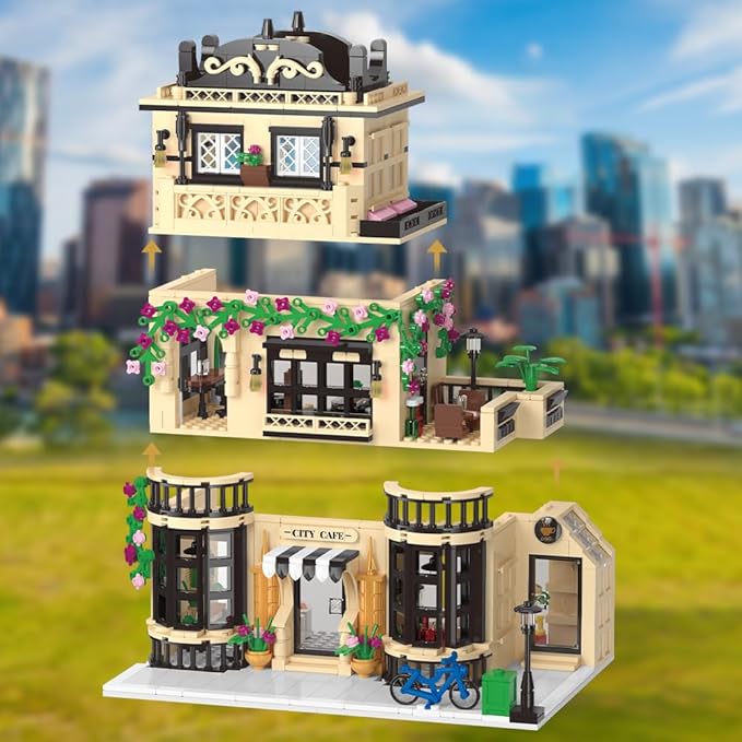 City Cafe Building Block Set, Coffee Shop City Street House Construction Toy for Adult & Teens 14+,1413pcs Mini Bricks with LED (Not Compatible with Lego)