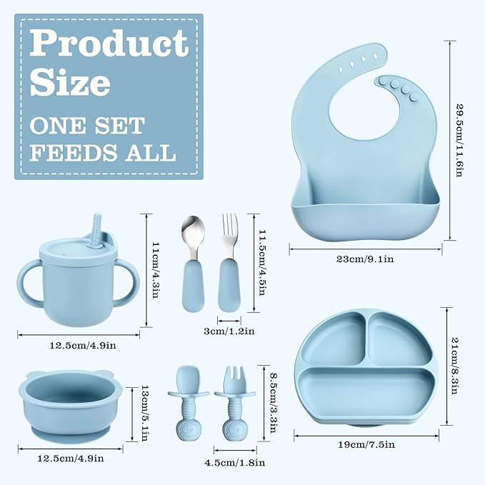Silicone Baby Feeding Set, Baby Led Weaning Supplies with Suction Bowl Divided Plate, Toddler Self Feeding Dish Set with Spoons Forks Sippy Cup Adjustable Bib, Eating Utensils for 6+ Months(Blue)