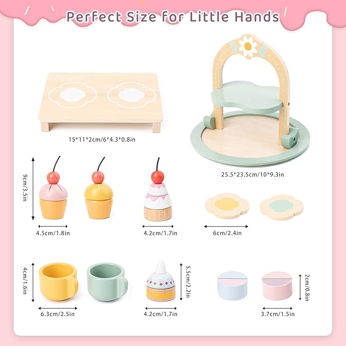 Wooden Tea Party Set,Toddler Tea Set with Cake Stand,Tea Sets for Toddlers 3-5，Pretend Play Tea Set Toy，Non-Toxic Wooden Tea Set for Little Girls Toddler Wood Tea Set Birthday