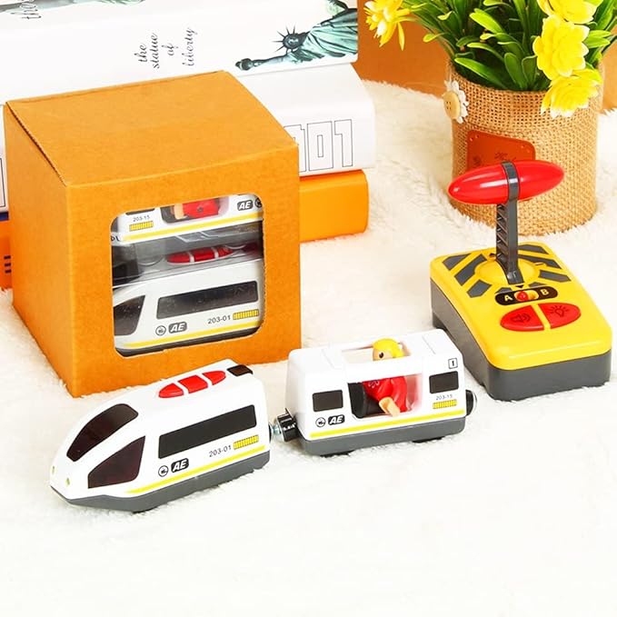 Wooden Train Set Accessories Battery Operated Locomotive Train, Remote Control Train Vehicles for Wood Tracks, Powerful Engine Train Cars Fits All Major Brands of Railway System (Battery Not Included)