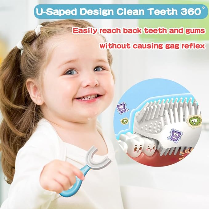 YOTEE U-Shaped Toothbrush Kids 2 PCS - Toddler Toothbrush with Food Grade Soft Silicone Brush Head, Manual Whole Mouth Toothbrush for Kids Age 2-6(Blue+Pink), 360° Oral Teeth Cleaning Design
