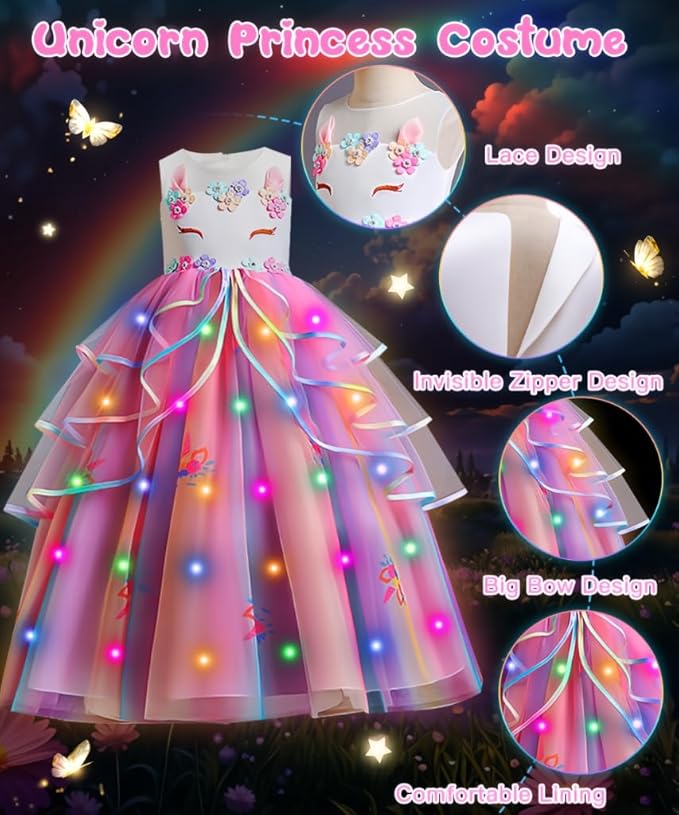 TOLOYE Princess Dresses for Girls, Light Up Mermaid Unicorn Costume Dress with Accessories for Halloween Carnival Cosplay