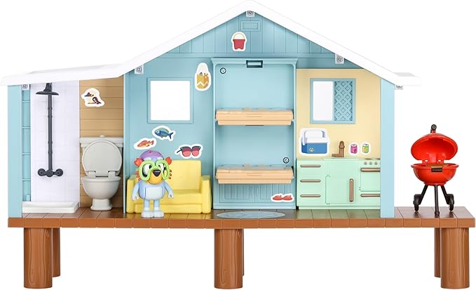 Bluey Beach Cabin Playset, with Exclusive Figure with Goggles. Includes 10 Play Pieces and Sticker Sheet