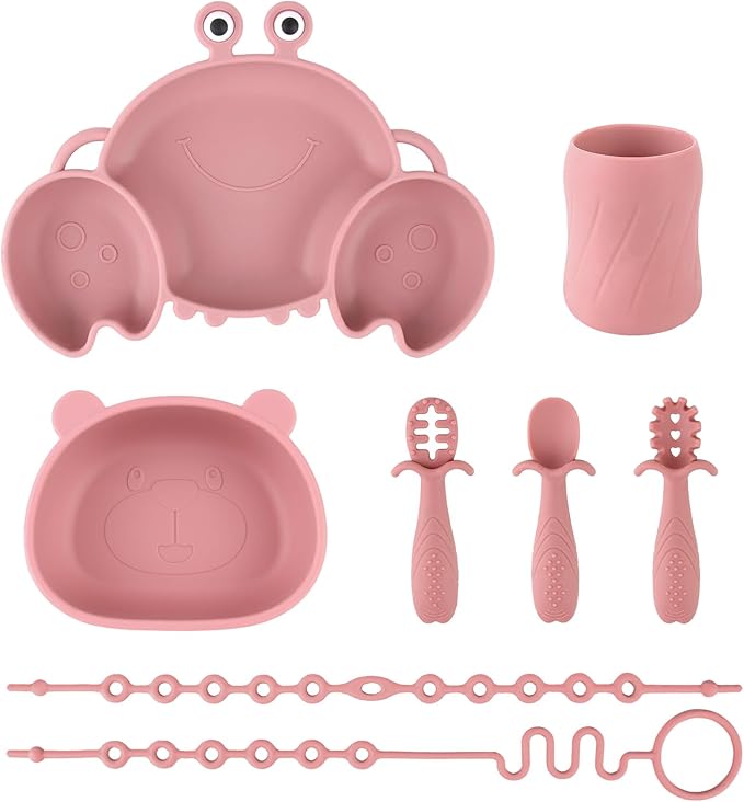 Silicone Baby Feeding Set, 8-Piece Baby Led Weaning Supplies Included Toddler Suction Plate, Bowl, Cup, 3 Spoons & 2 Safety Straps Keep Spoon, Fork & Bottle Off The Floor for Self-Feeding (Rose)