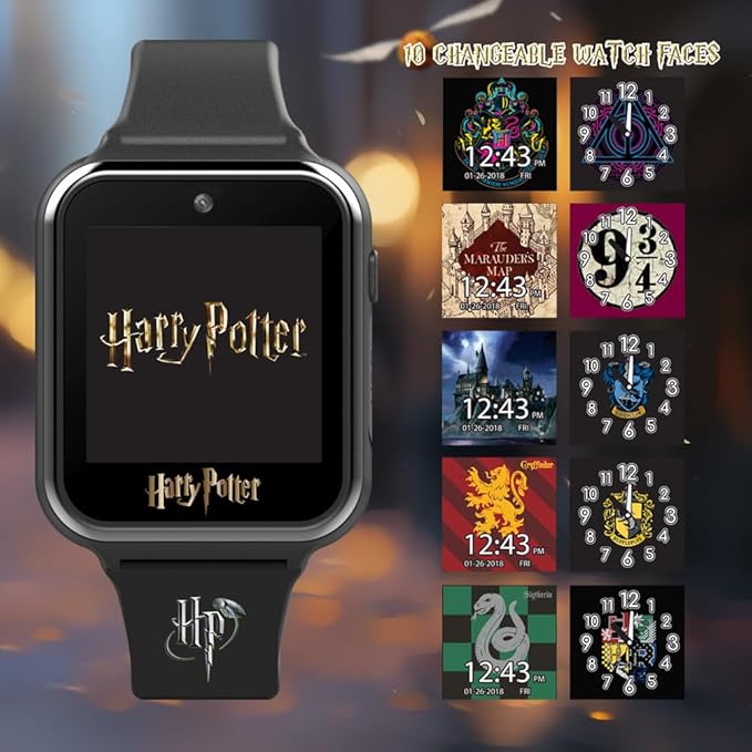 Accutime Kids Harry Potter Educational Learning Touchscreen Black Smart Watch Toy with Black Strap for Girls, Boys, Toddlers - Selfie Cam, Games, Alarm, Calculator, Pedometer (Model: HP4096AZ)