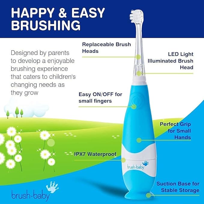 BabySonic Infant and Toddler Electric Toothbrush for Ages 0-3 Years - Safe and Sensitive Brush Heads, Sucker Base, Timer, Waterproof