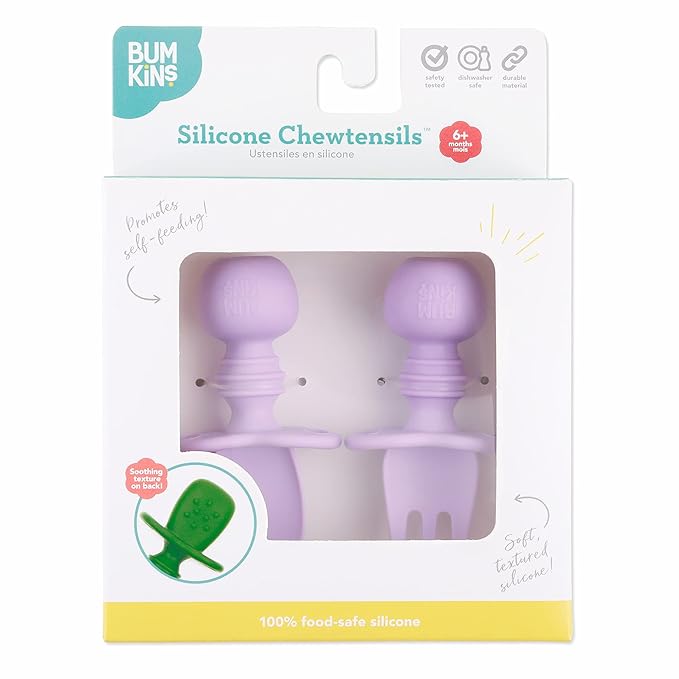 Bumkins Baby Utensils Set, Chewtensils Silicone Spoons for Dipping, Self-Feeding, Baby Led Weaning, Trainer Learning, First Stage Eating, Soft Practice Fork and Spoon, Babies 6 Months, Lavender