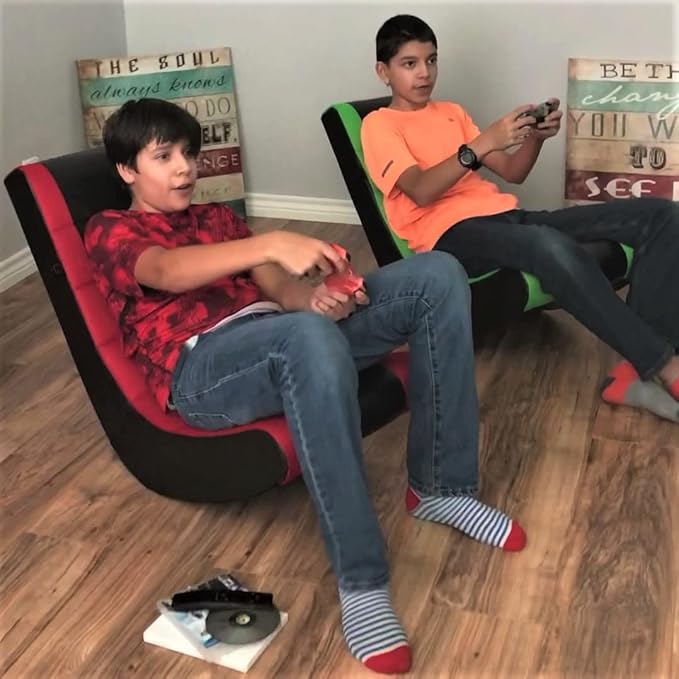 The Crew Furniture Classic Video Rocker Floor Gaming Chair, Kids and Teens, Racing Stripe PU Faux Leather & Polyester Mesh, Black/Green
