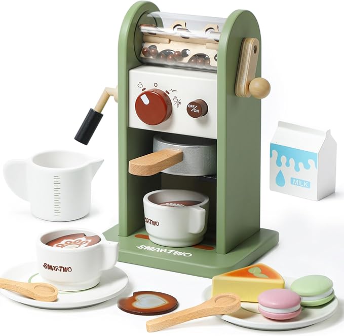 Kids Wooden Coffee Maker Toy,Coffee Machine Playset with Grinder,Play Coffee Making Routine,Stimulates Imaginative Pretend Play and Life Skills,Birthday Gift for Toddler Boy Girl,17pcs