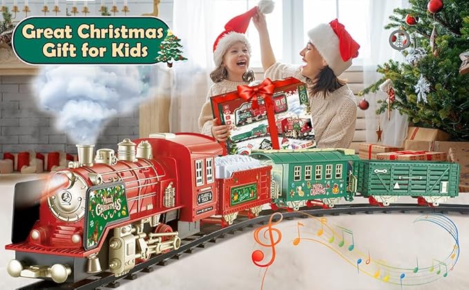 Christmas Train Set - Updated Remote Control Christmas Train Toys w/Smoke, Sounds, Lights, Rechargeable Electric Train for Around Christmas Tree, Train Toys Gifts for 3 4 5 6 7 8+