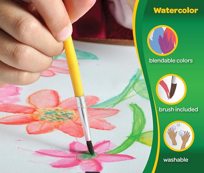 Crayola Watercolor Paint Set (16 Count), Washable Paint for Kids, 1 Paint Brush, Arts & Crafts Supplies, Assorted Colors, Ages 4+