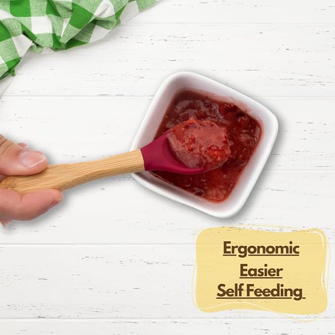 Babynow Bamboo Baby Spoons Self-Feeding Supplies for 6+ Months Babies & Toddlers in Bamboo & Soft Tip Designs BURGUNDY Pack of 2