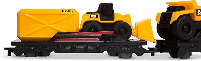CAT Construction Toys, Little Machines Power Tracks Battery Operated Train Set, Engine with Working Headlight, 3 Rail Cars, Working Crane, 2 Magnetic Cargo Containers, and 2 CAT Trucks for Kids