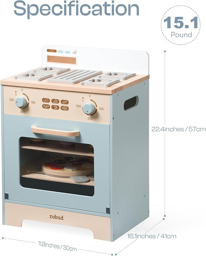 ROBOTIME Wooden Toy Kitchen Oven Playset, Montessori Pretend Play Kitchen Accessories with Pizza and Cupcakes Food Toys, Wooden Pizza Oven Set Toys for Toddlers & Kids