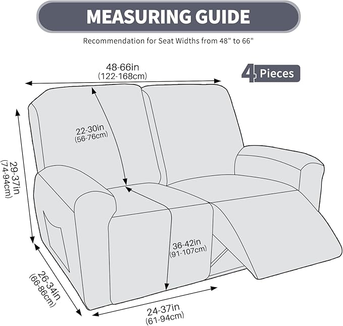 JIVINER Loveseat Recliner Covers, Jacquard 4 Piece Recliner Sofa Cover with Pockets Washable Lazy Boy Reclining Couch Protector with Elastic Bottom (Recliner Loveseat, Dark Gray)